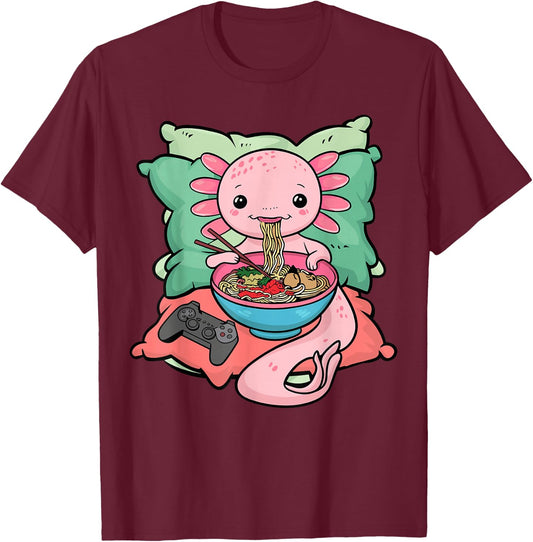 Axolotl Ramen Eating Gamer Axolotl T-Shirt - T-Shirt | Maroon