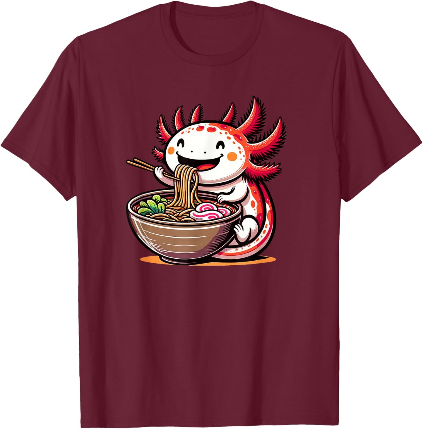 Kawaii Axolotl Eating Ramen Noodles Anime Kids Girls Teens T-Shirt - T-Shirt | Maroon