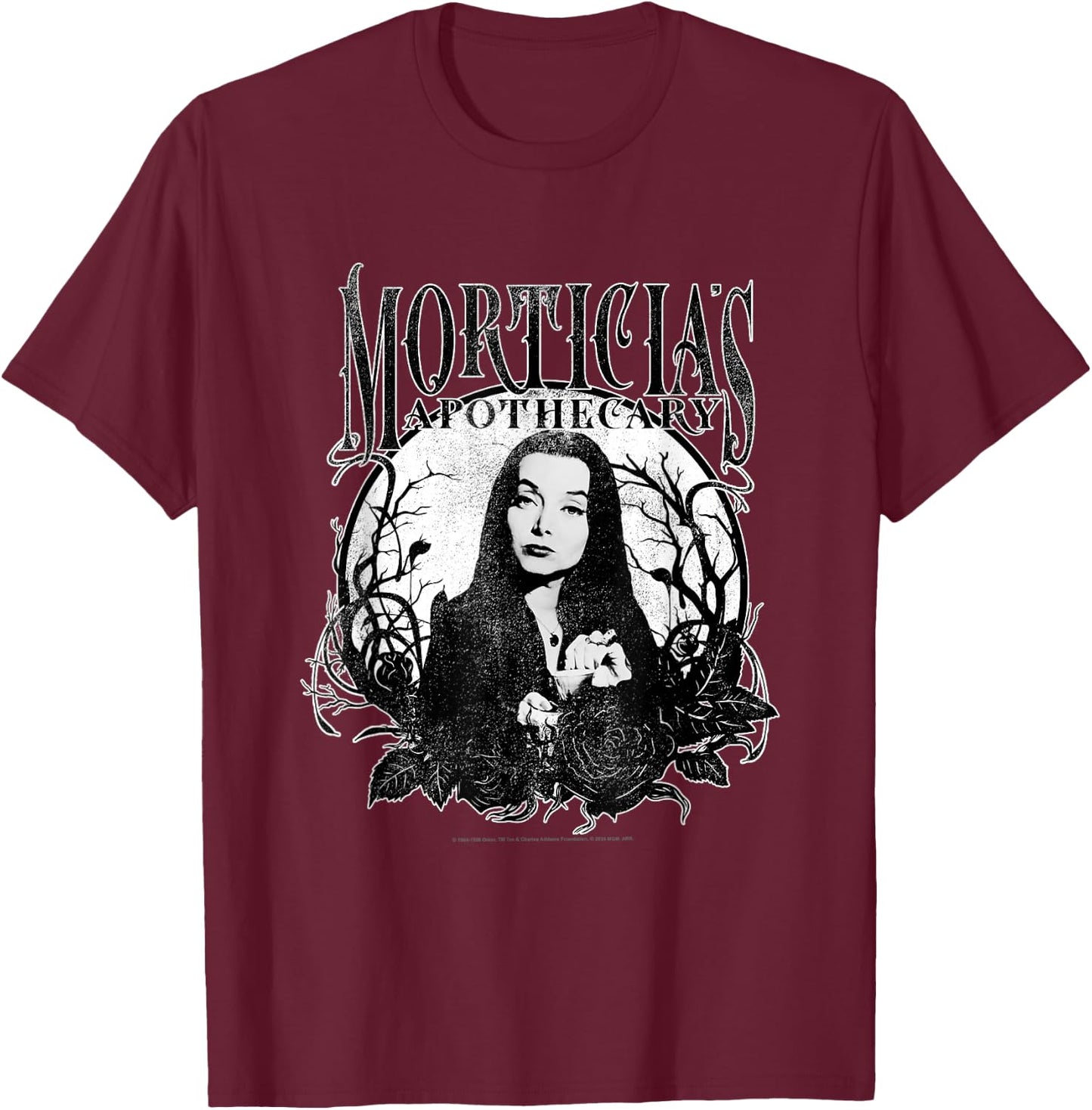 The Addams Family Morticia's Apothecary Dark Gothic Floral , Black, S T-Shirt - T-Shirt | Maroon