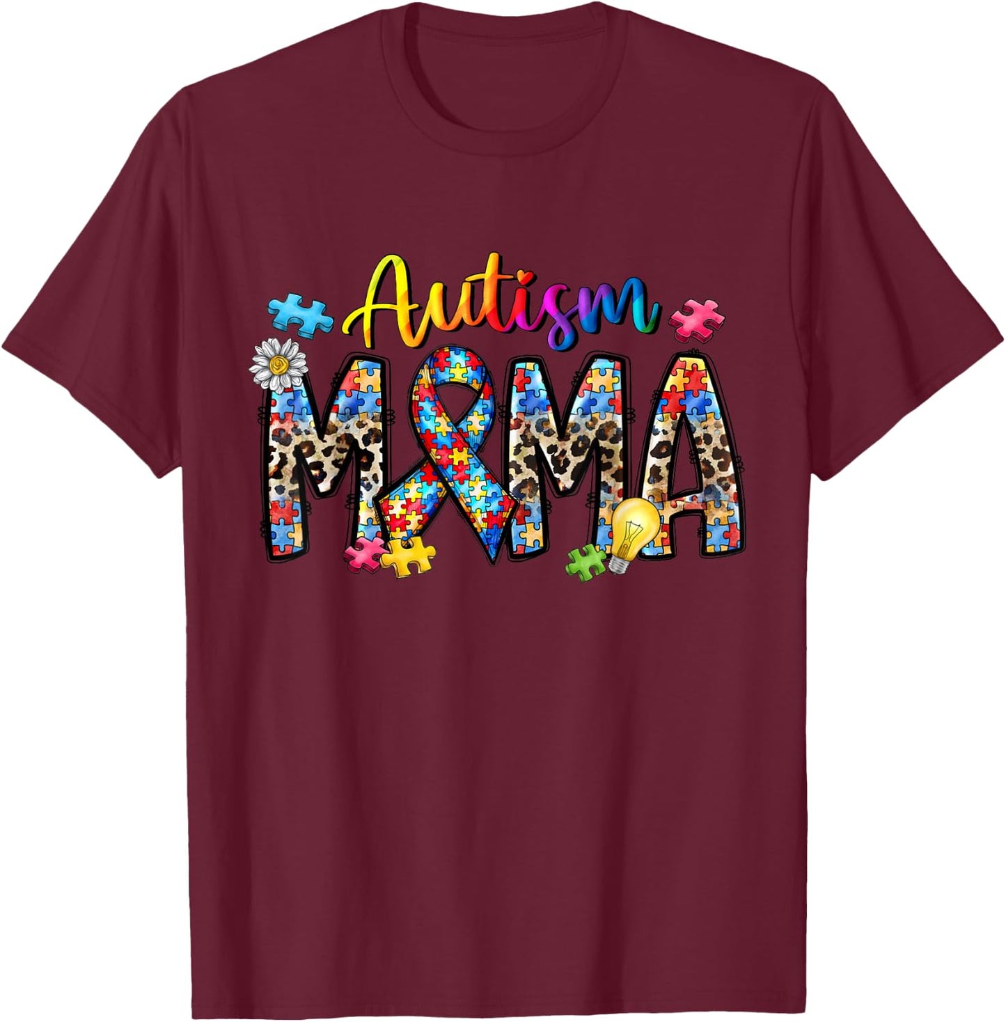 Autism Mama Ribbon Awesome Leopard Autism Mom Awareness T-Shirt - T-Shirt | Maroon