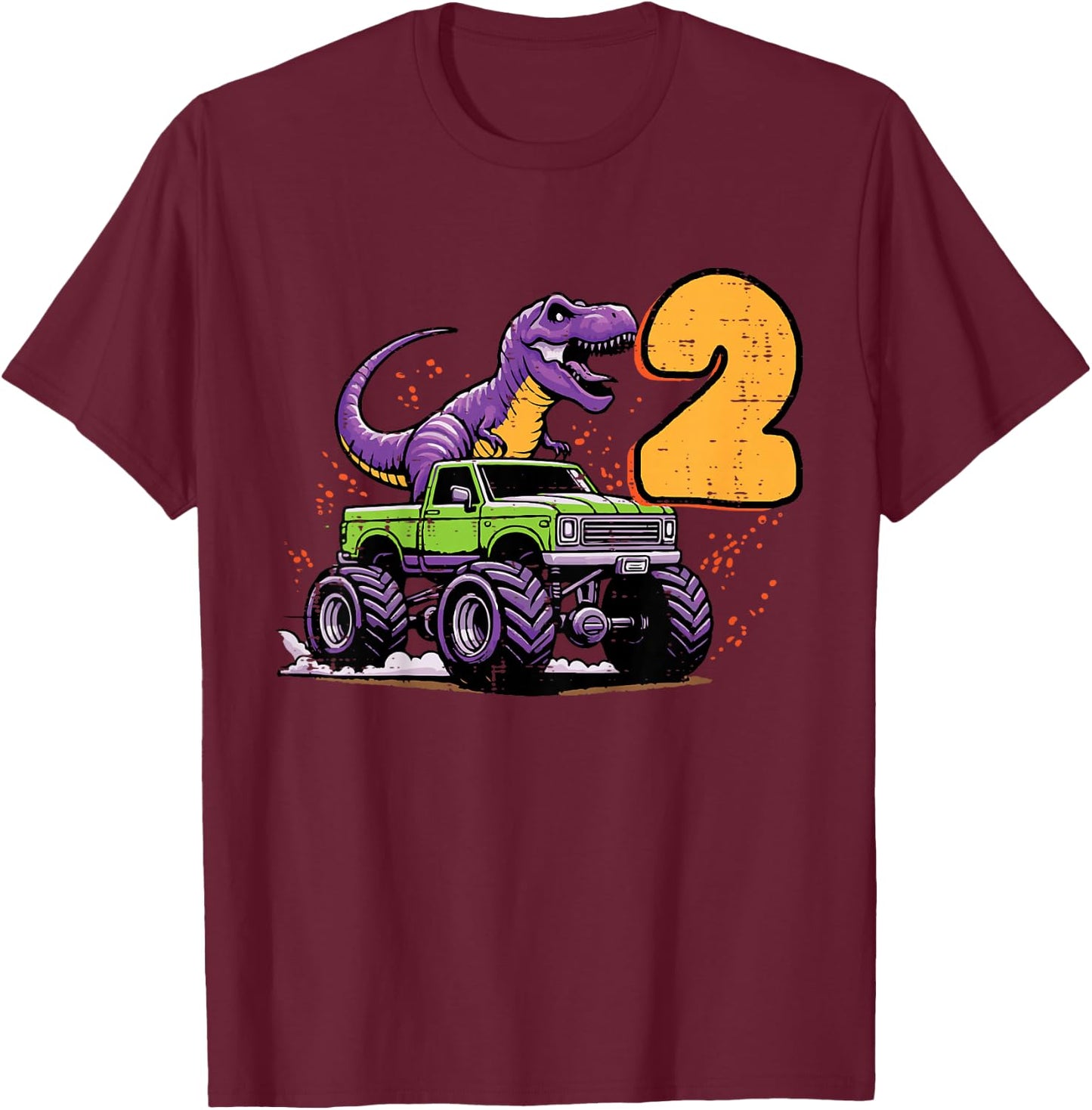 Kids 2nd Birthday Dino On Monster Truck 2 Year Old Trex Boys Kids T-Shirt - T-Shirt | Maroon