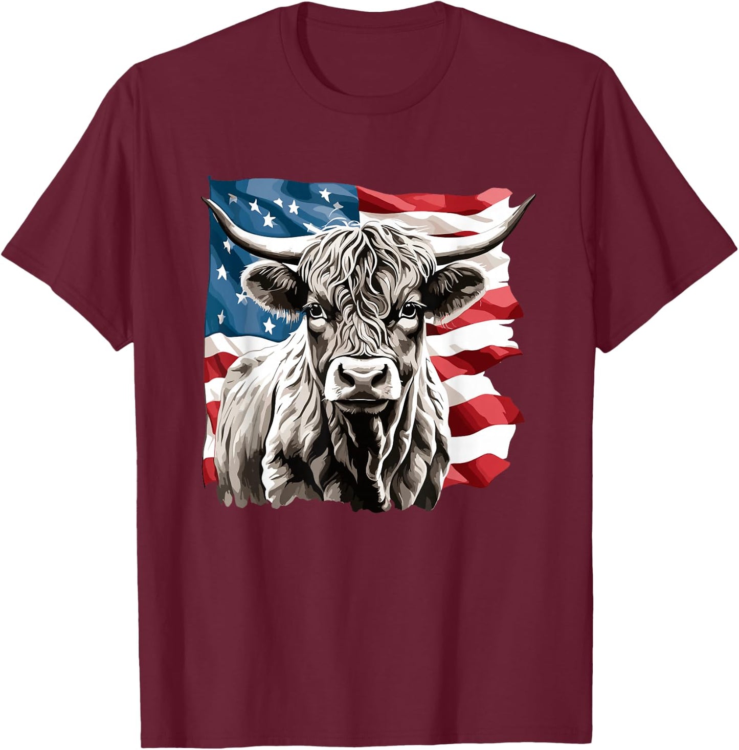 Cow USA FLag Cute Highland Cow Lover Farmer Cow Owner T-Shirt - T-Shirt | Maroon