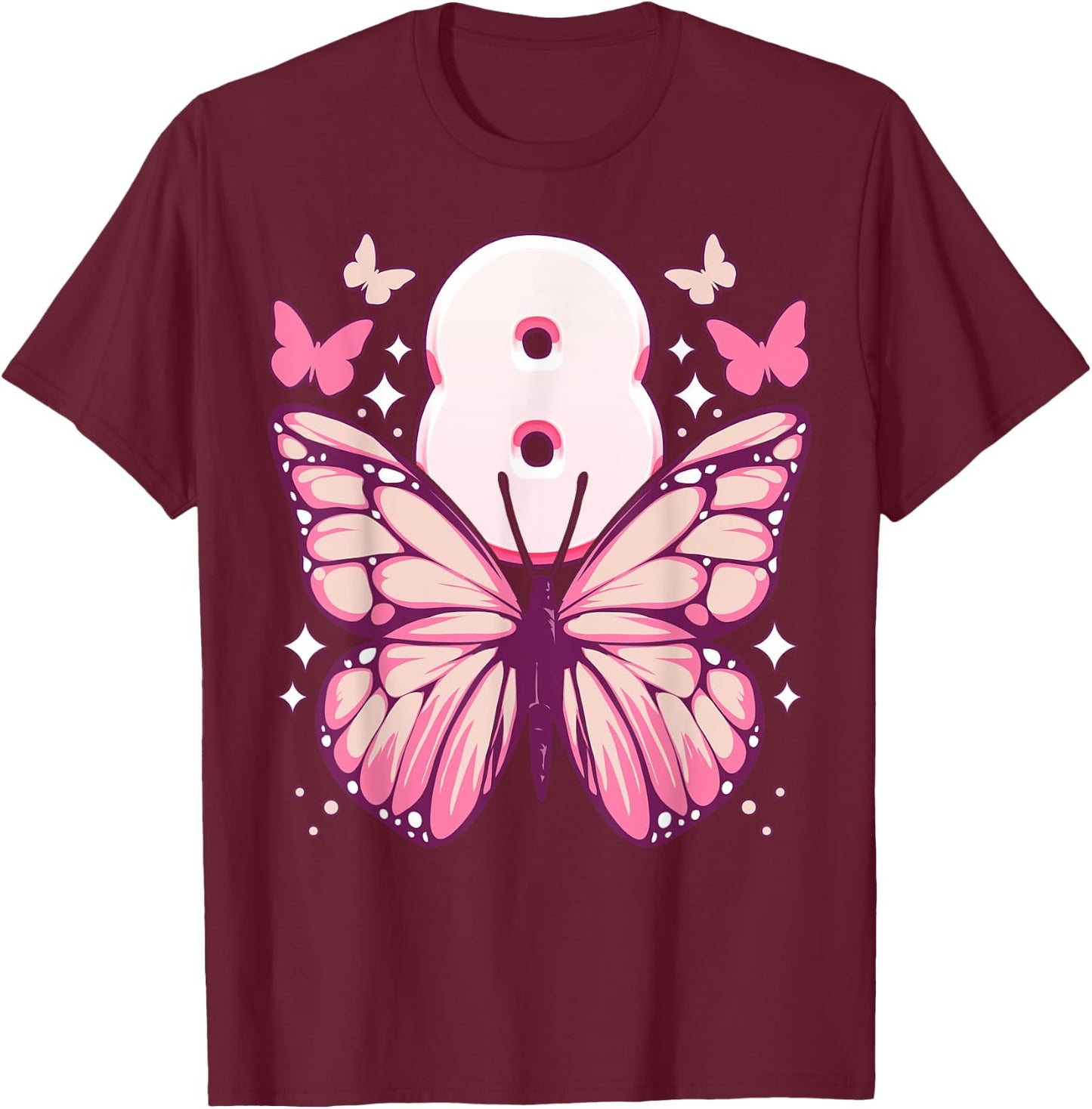 Geburtstag Mädchen 8 Jahre, Schmetterlinge und Nummer 8 T-Shirt - T-Shirt | Maroon