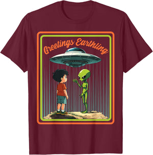Vintage Child Game Horror, Dark Humour Greetings Earthling T-Shirt - T-Shirt | Maroon