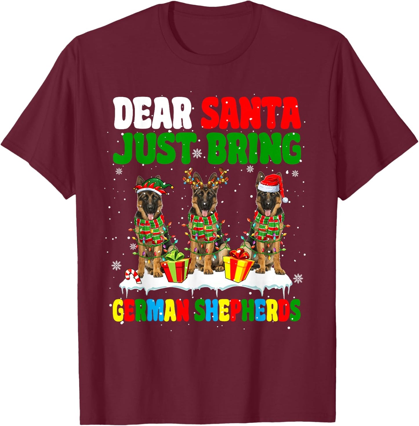 Just Bring German Shepherds Xmas Three Santa Reindeer Dogs T-Shirt - T-Shirt | Maroon
