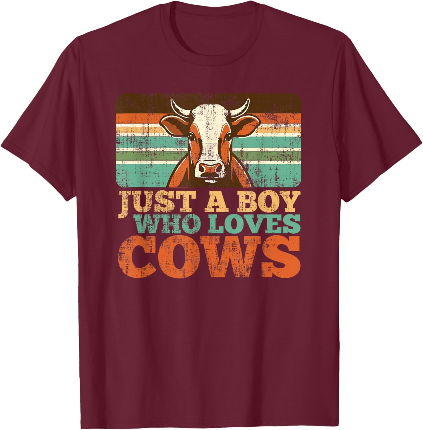 Just A Boy Who Loves Cows Farm Animal Lover Retro Farmer T-Shirt - T-Shirt | Maroon