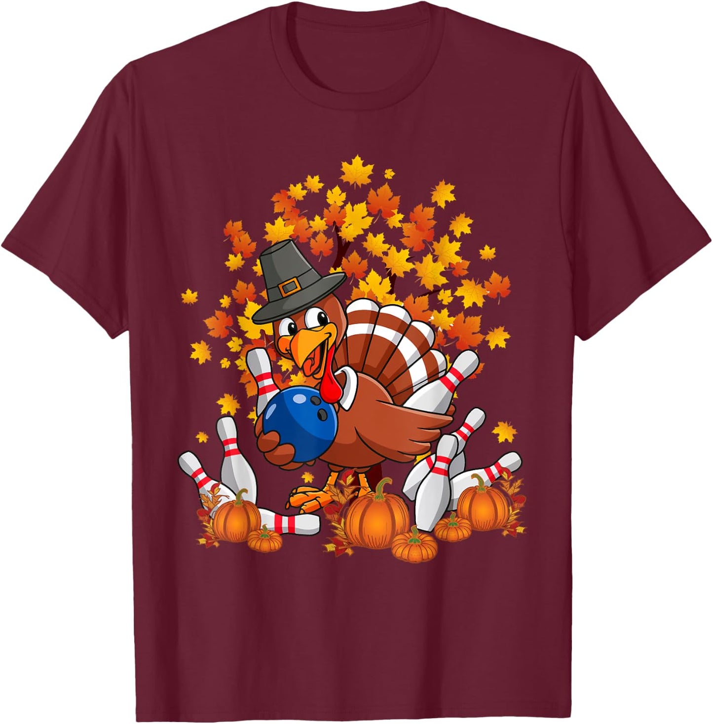Funny Turkey Autumn Fall Thanksgiving Bowling Lovers T-Shirt - T-Shirt | Maroon