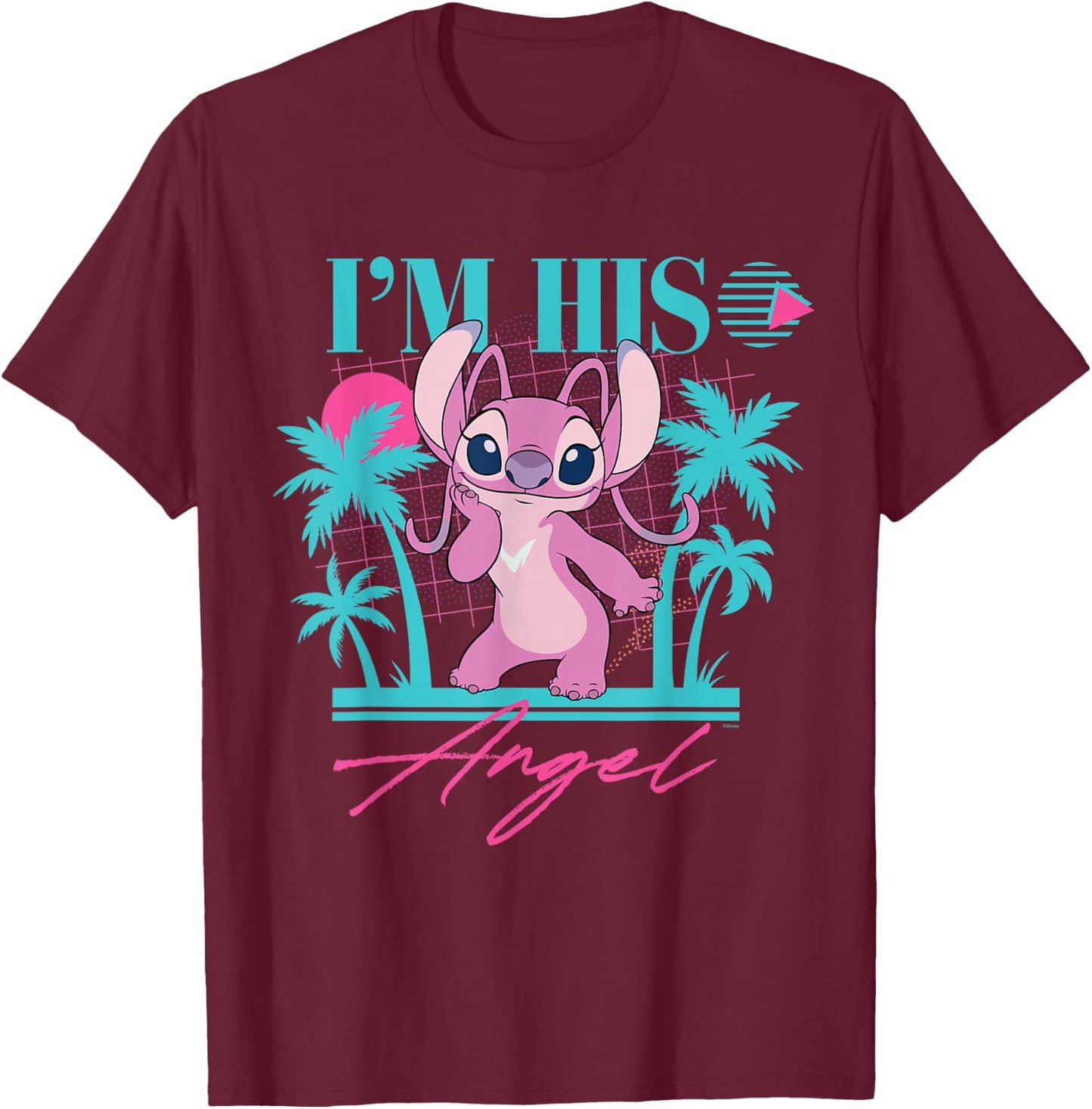 Disney Stitch Retro '90s Couples Matching I'm His Angel , Black, S T-Shirt - T-Shirt | Maroon