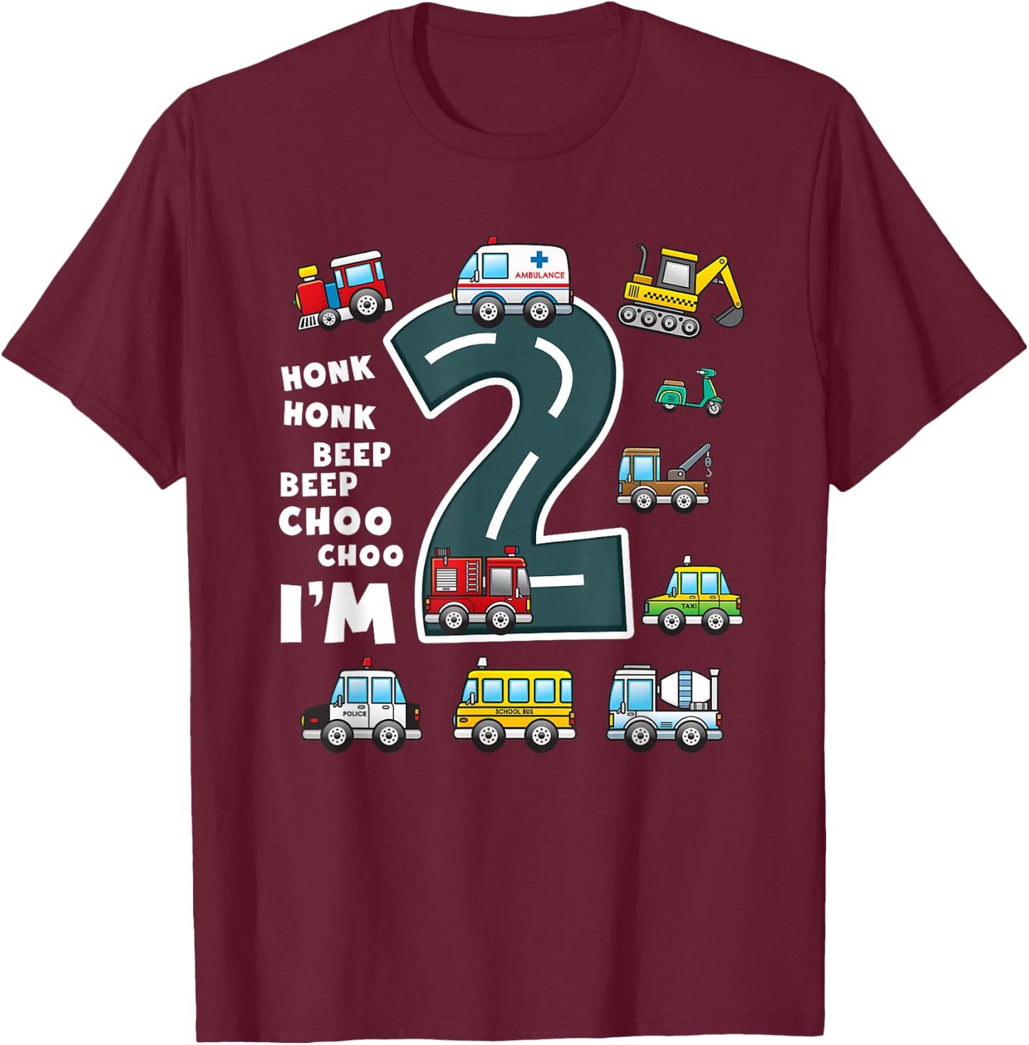 2nd Birthday Boy 2 Year Old Transportation Toddler Truck Car T-Shirt - T-Shirt | Maroon