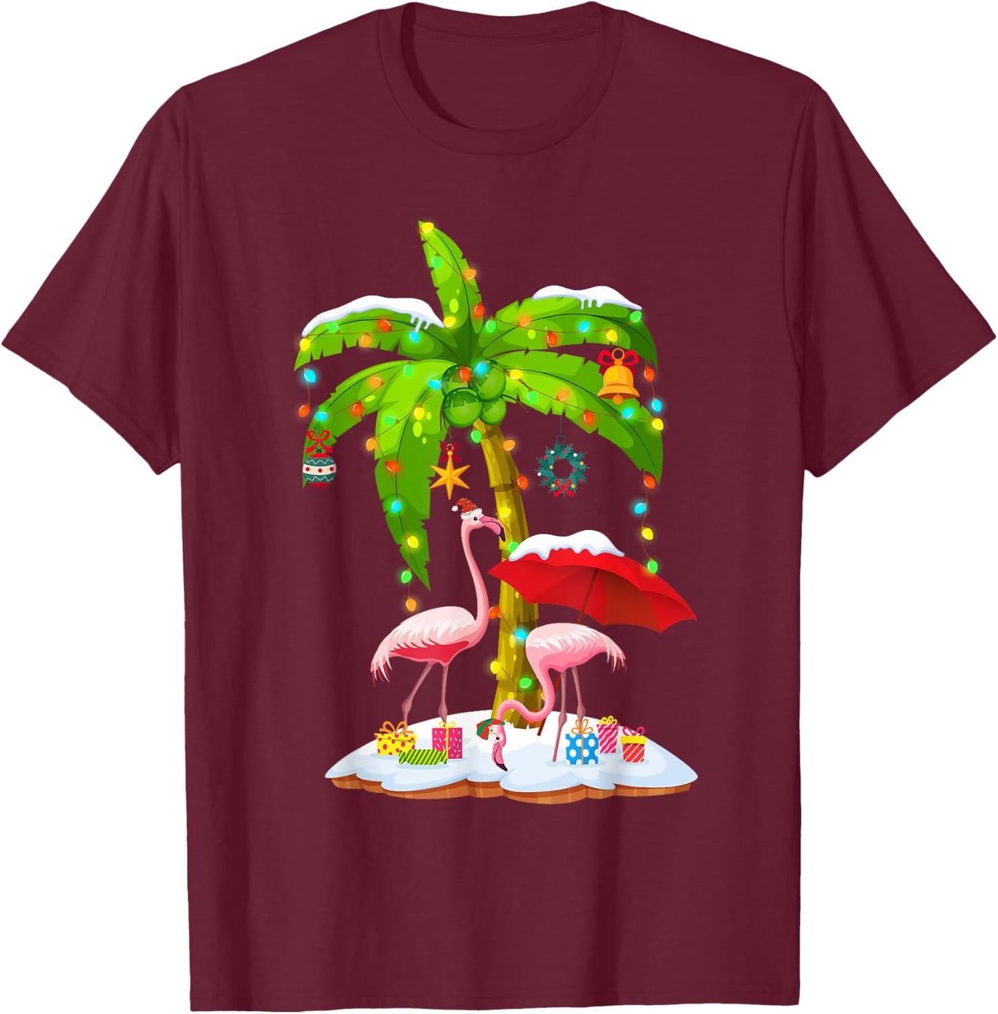 Flamingo Santa hat Palm tree Merry Christmas lights T-Shirt - T-Shirt | Maroon