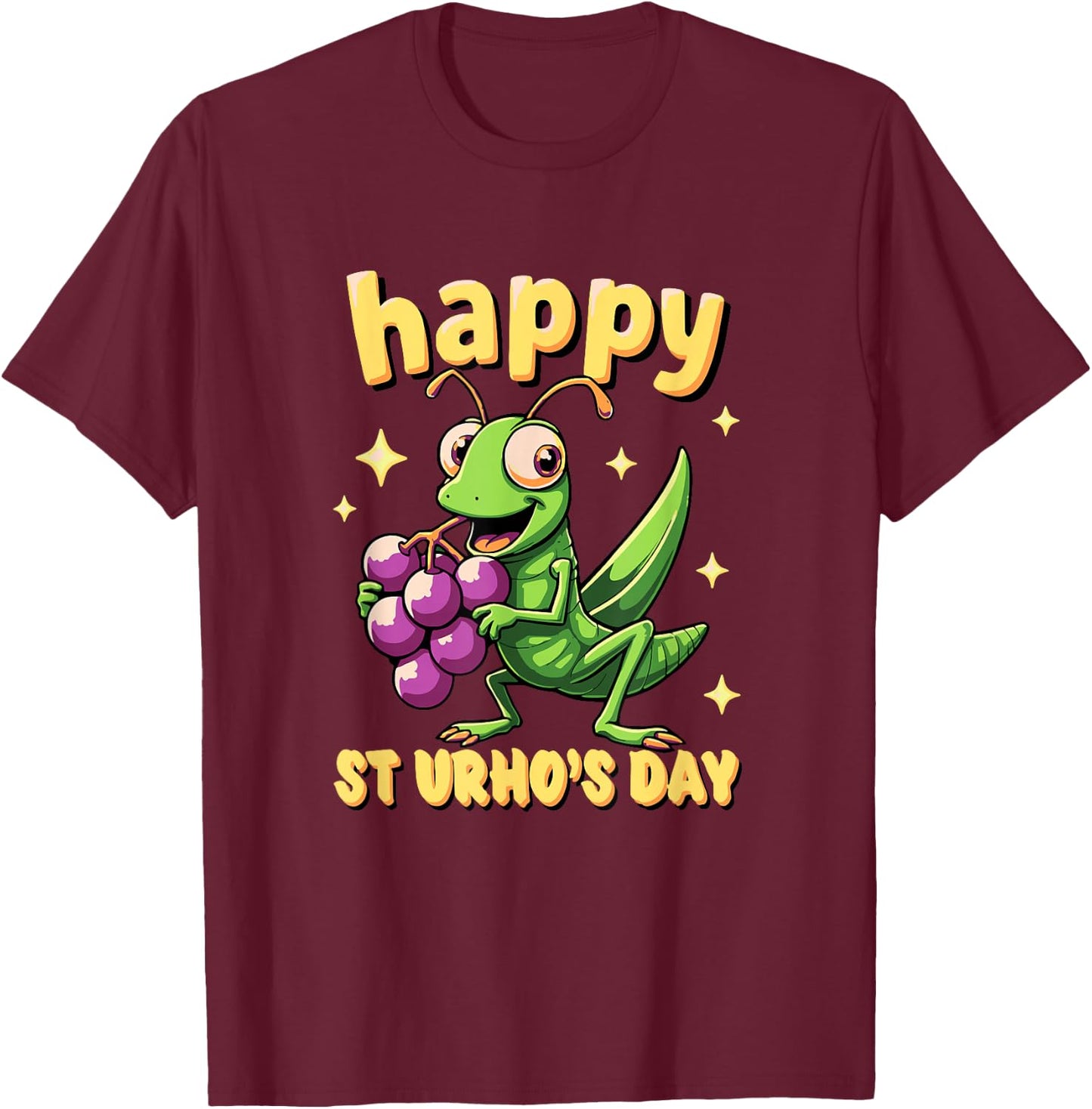 St Urhos Day Grasshopper Grapes Vineyard Cartoon Style T-Shirt - T-Shirt | Maroon