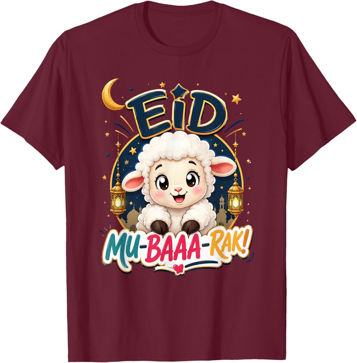 Happy Eid Al Adha Mubarak Kids Muslim Cute Sheep Holiday T-Shirt - T-Shirt | Maroon