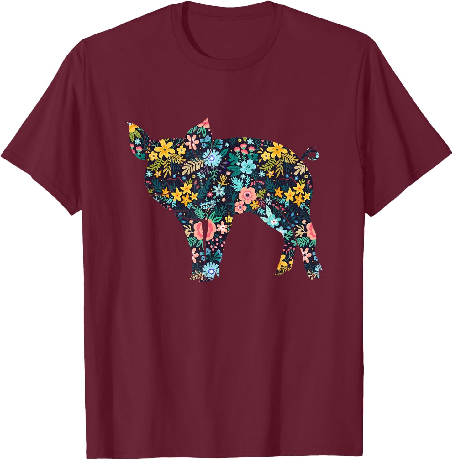 Floral Piglet Silhouette Girls Graphic Pig T-Shirt - T-Shirt | Maroon