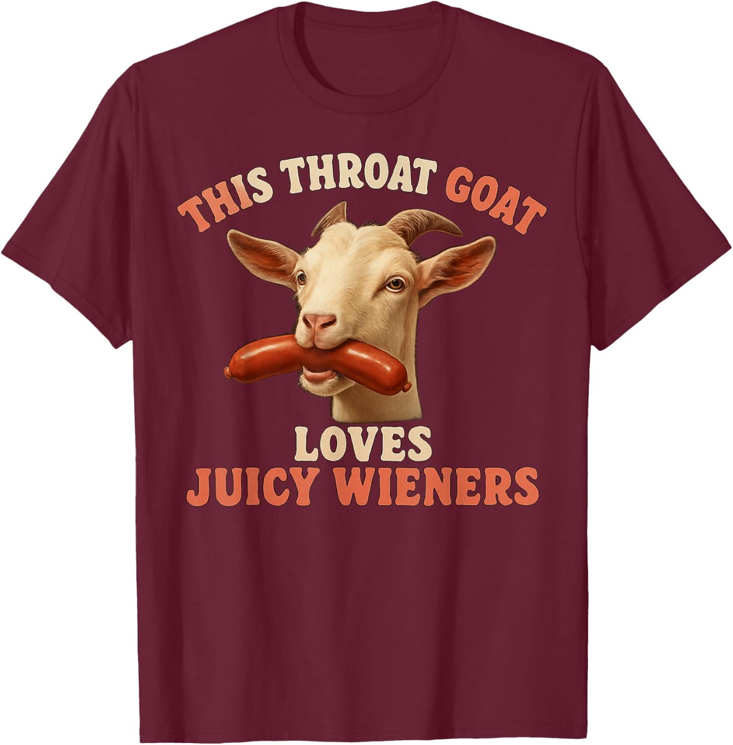 Playful Goat with Sausage Humor Design T-Shirt - T-Shirt | Maroon