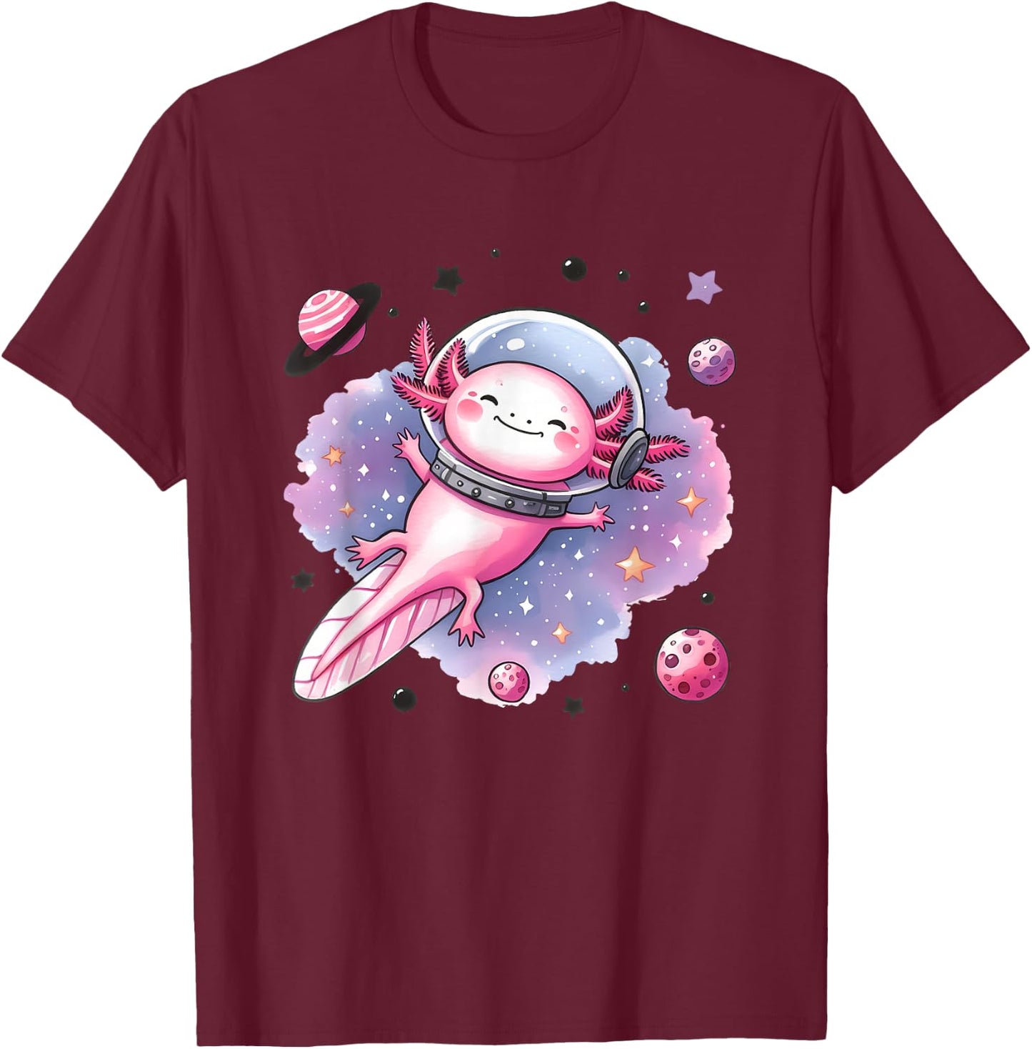 Space Axolotl Cosmic Journey Stars Planets T-Shirt - T-Shirt | Maroon