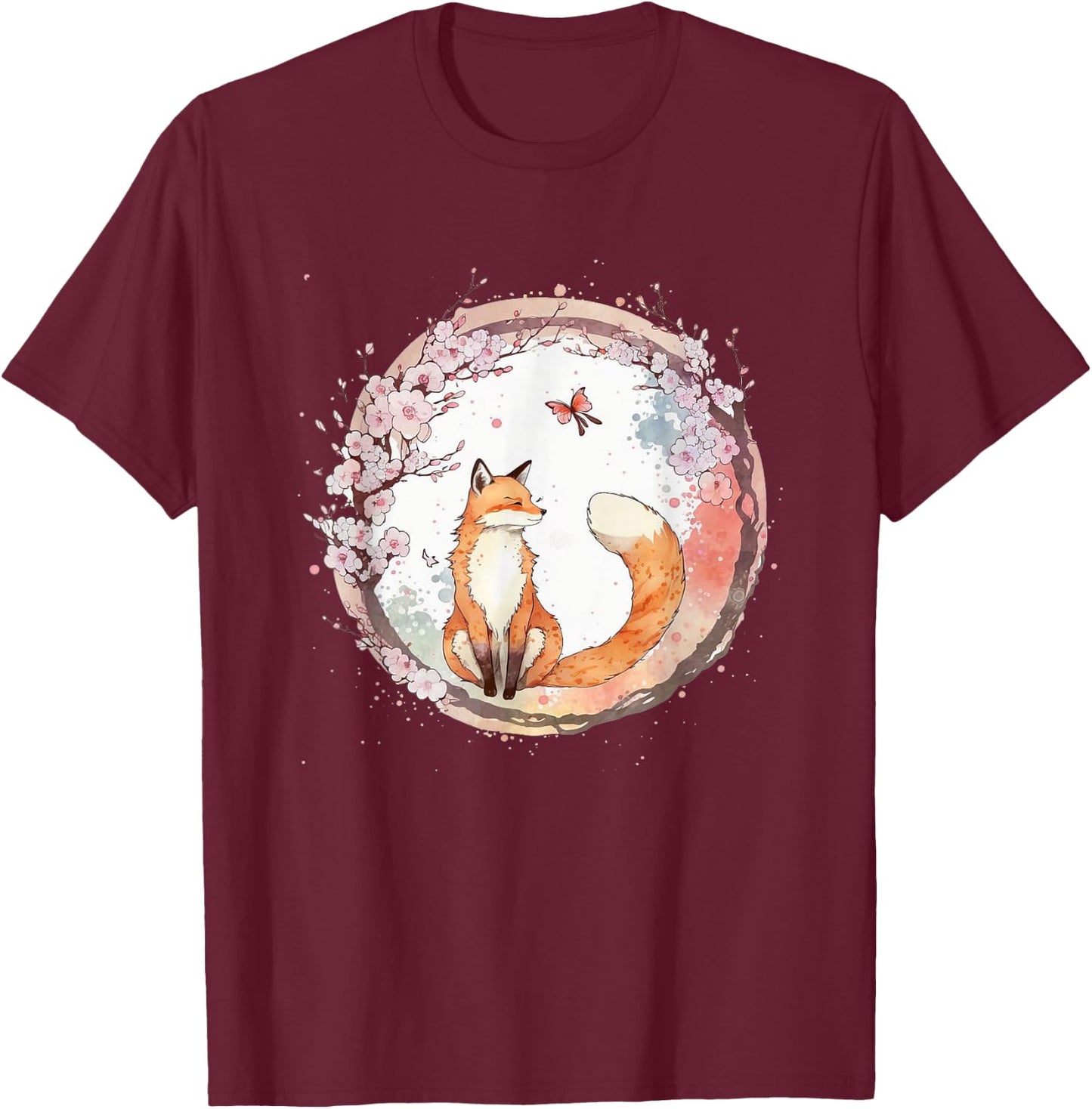 Kawaii Japanese Fox Butterfly Cherry Blossom , black T-Shirt - T-Shirt | Maroon