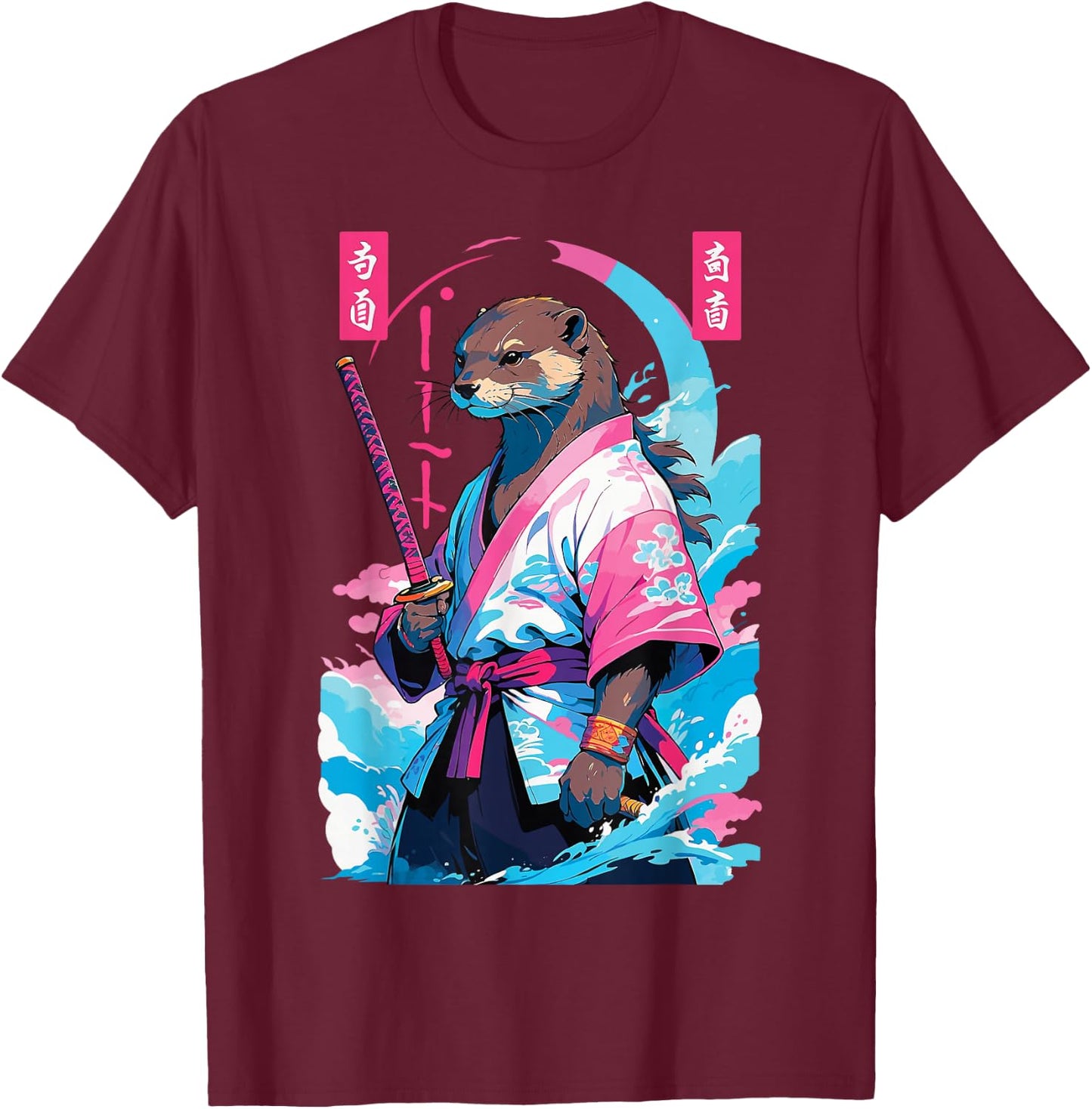 Samurai Otter in Aesthetic Vaporwave Style T-Shirt - T-Shirt | Maroon