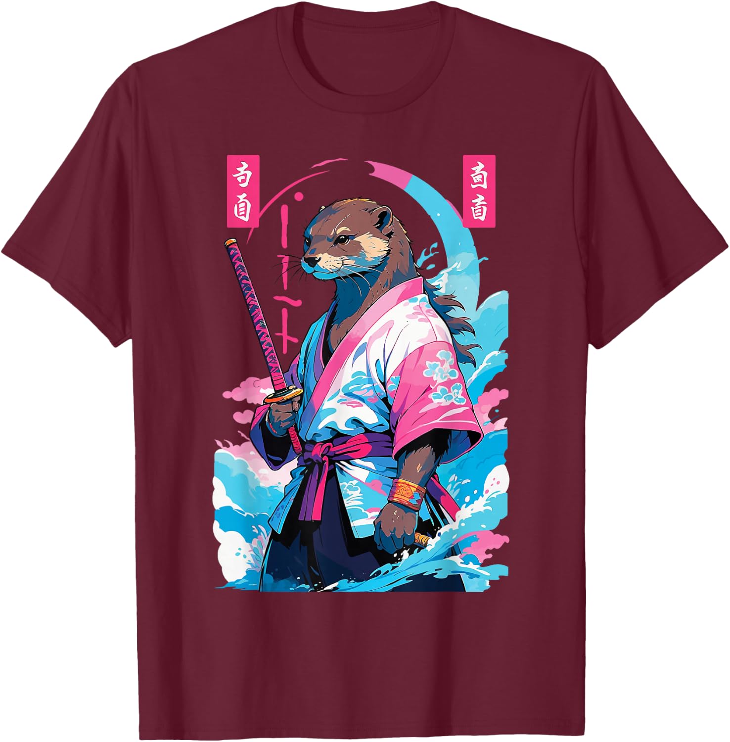 Samurai Otter in Aesthetic Vaporwave Style T-Shirt - T-Shirt | Maroon