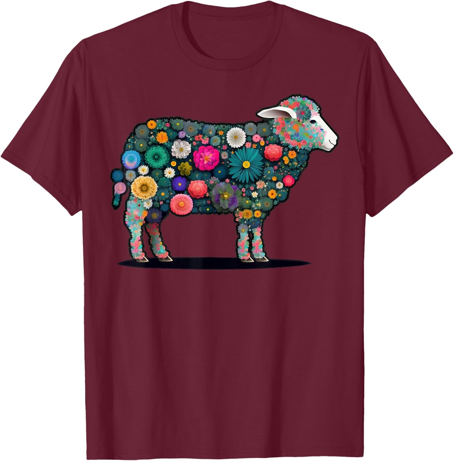Cute Flower Sheep on summer Floral Sheep T-Shirt - T-Shirt | Maroon