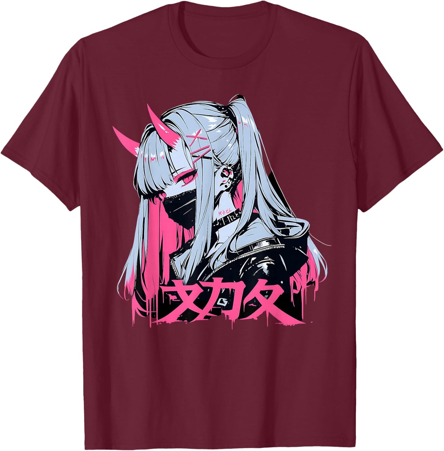 Goth Grunge Demon Anime Girl Waifu Horror Alt Aesthetic , Black, S T-Shirt - T-Shirt | Maroon