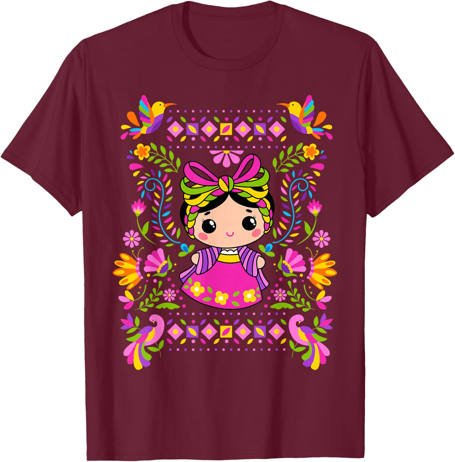María Mazahua Muñeca de Trapo Mexicana Otomí T-Shirt - T-Shirt | Maroon