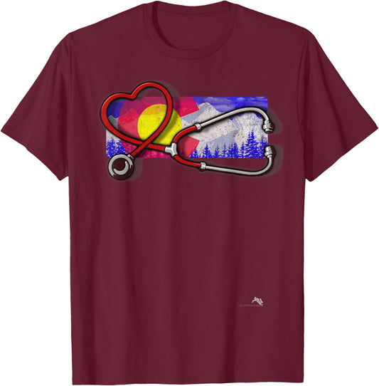 Colorado Nurse - Heart & Stethoscope T-Shirt - T-Shirt | Maroon