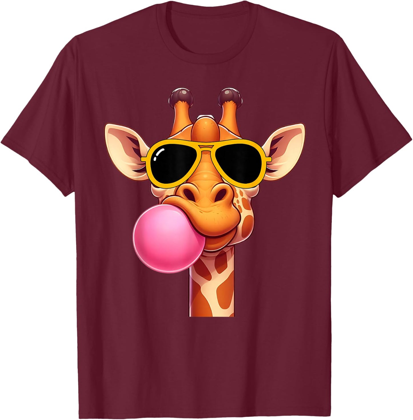 Giraffe cute Giraffe with pink Bubble Gum and Sunglasses T-Shirt - T-Shirt | Maroon