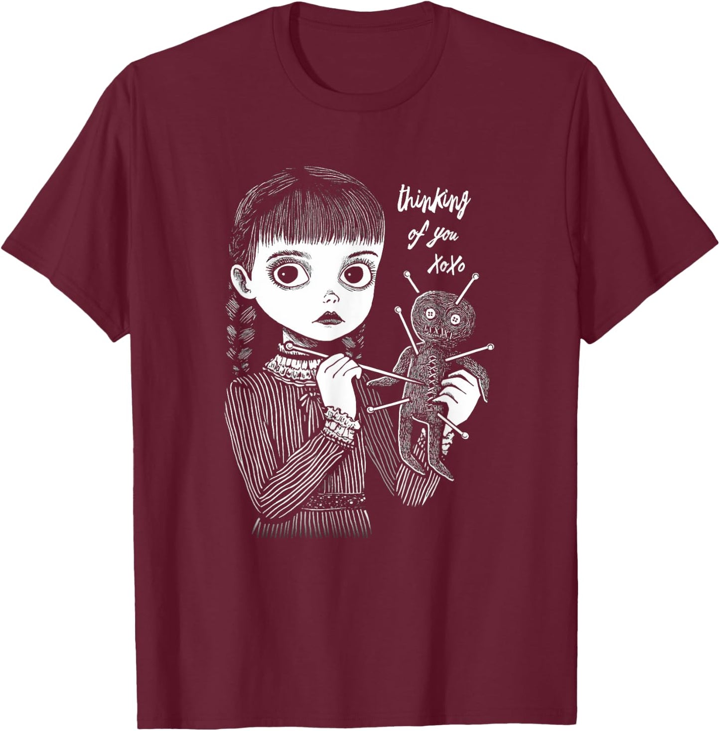 Thinking Of You Creepy Cute VooDoo Girl With Doll T-Shirt - T-Shirt | Maroon