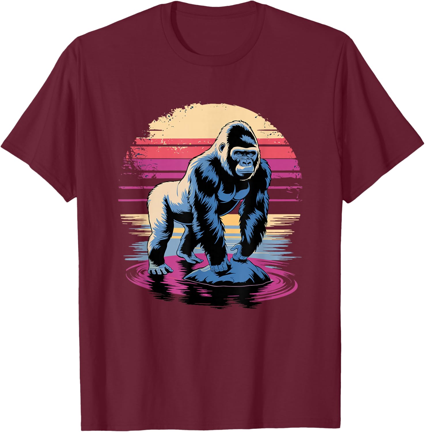 Retro Sunset Gorilla Silver Gorillas , Black, S T-Shirt - T-Shirt | Maroon