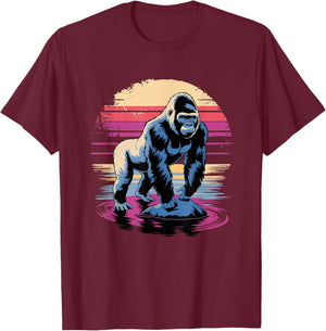 Retro Sunset Gorilla Silver Gorillas , Black, S T-Shirt - T-Shirt | Maroon