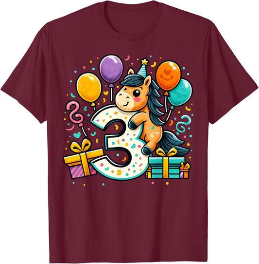 Horse 3rd Birthday Boy Girl 3 Years Old Third Three Horse , black T-Shirt - T-Shirt | Maroon