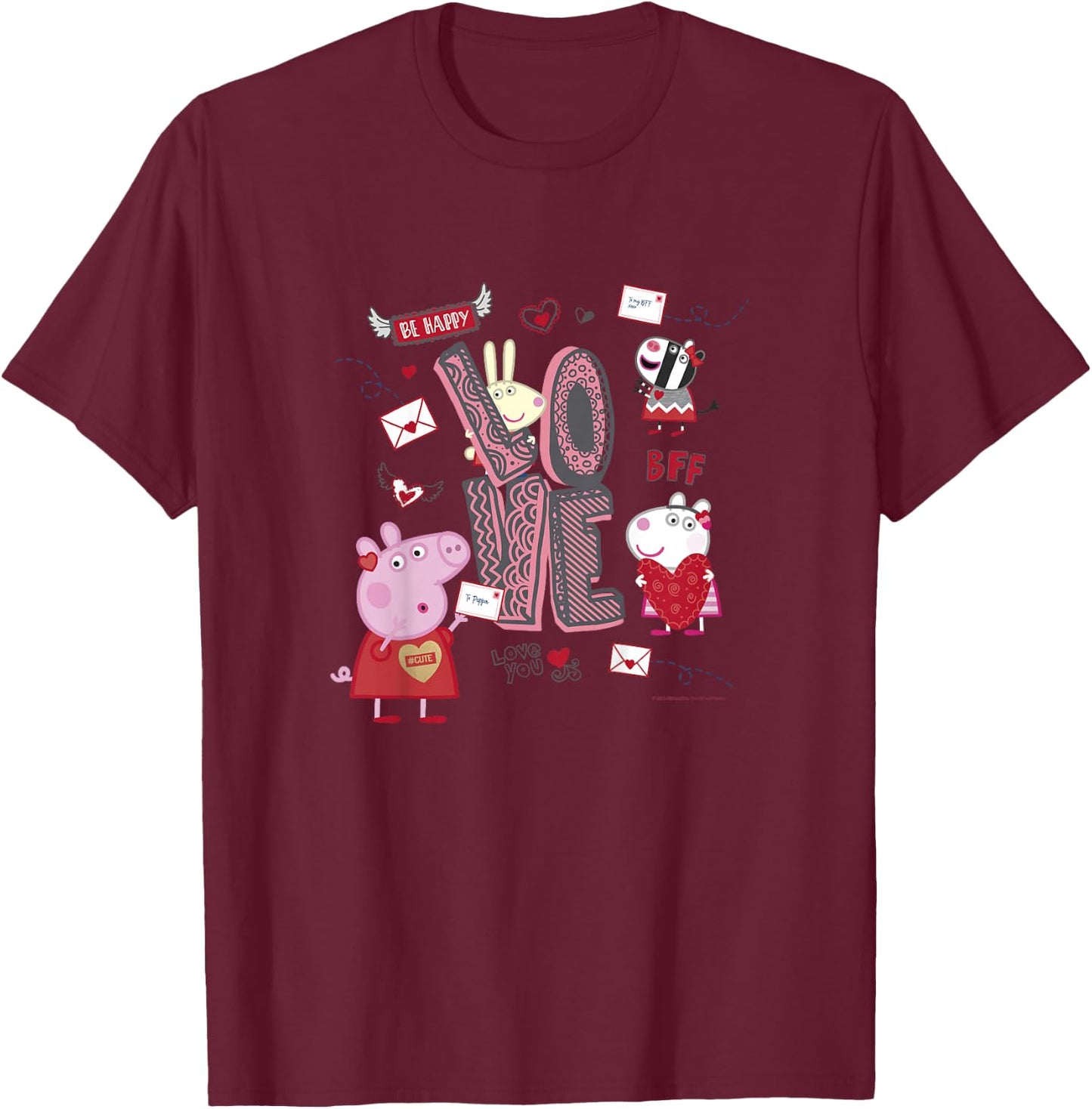 Kids Peppa Pig Valentine's Day Love Be Happy Friends Group Shot T-Shirt - T-Shirt | Maroon
