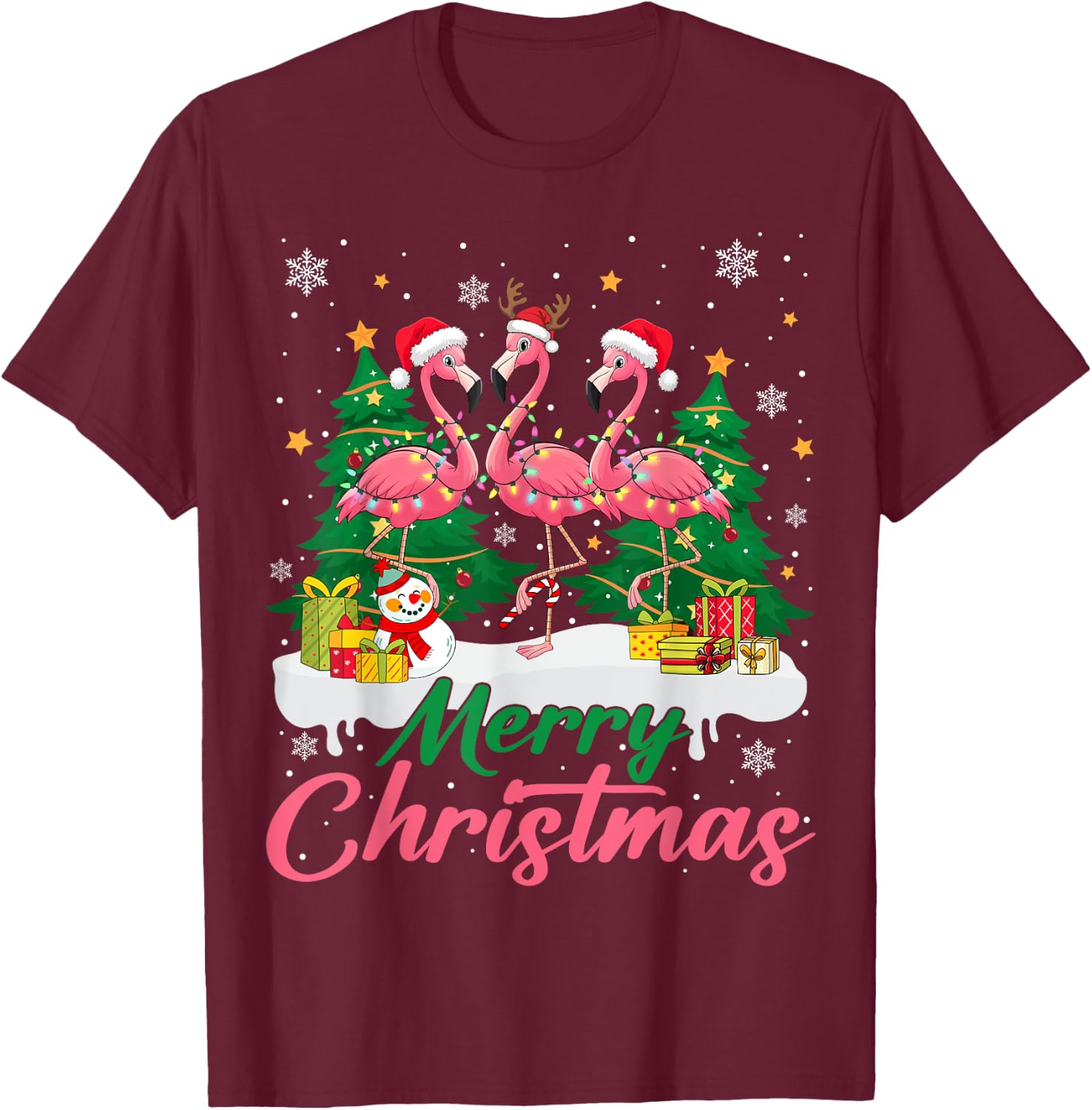 Flamingo Light Christmas Snow Merry Christmas Tree Santa T-Shirt - T-Shirt | Maroon
