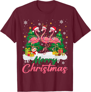 Flamingo Light Christmas Snow Merry Christmas Tree Santa T-Shirt - T-Shirt | Maroon