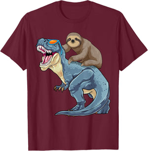 Sloth Riding Dinosaur T-Rex Funny Lazy Animal Dino Pun T-Shirt - T-Shirt | Maroon