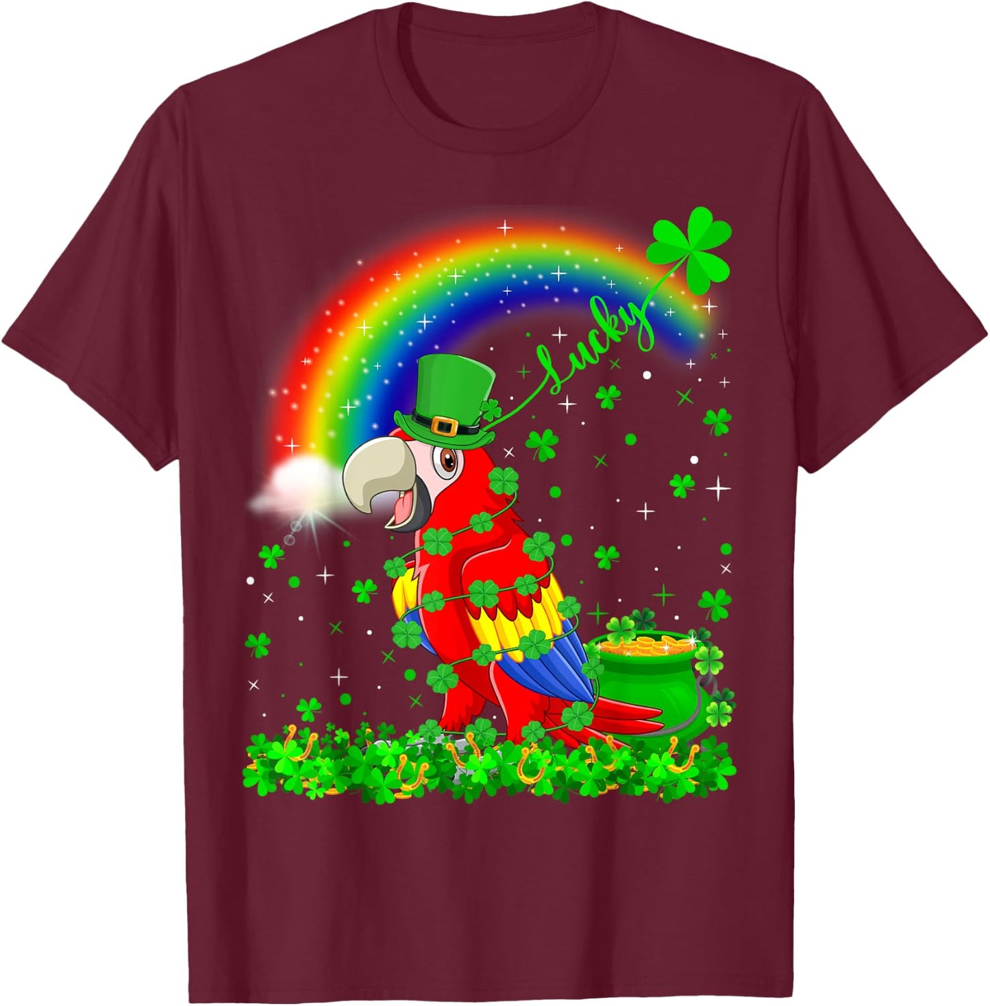 Rainbow Irish Shamrock Lucky Parrot Bird St. Patrick's Day T-Shirt - T-Shirt | Maroon