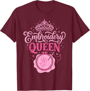 Embroidery Queen Pink Crown Hoop and Needle Aesthetic T-Shirt - T-Shirt | Maroon