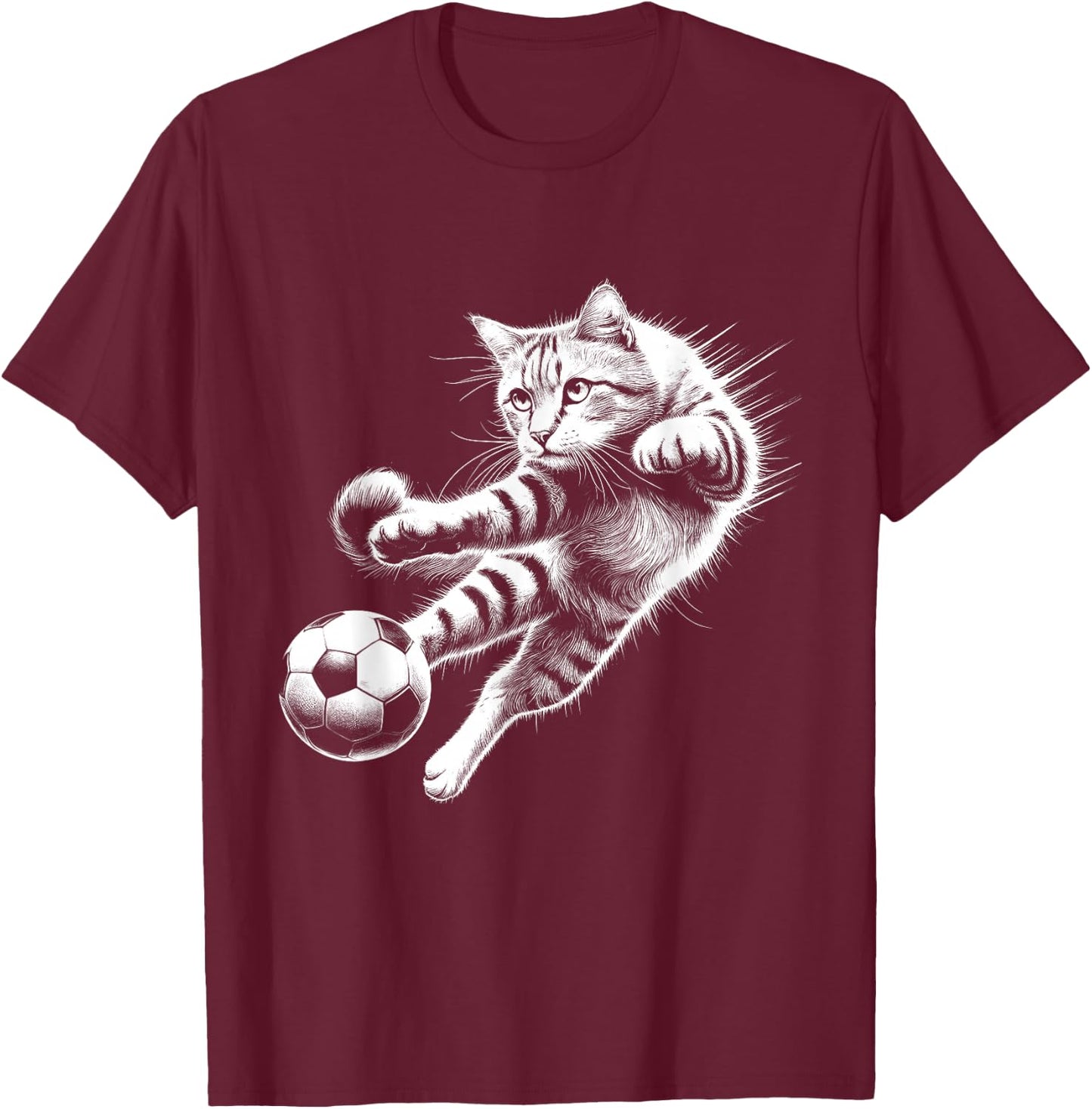 Sport Soccer Player Cat Kicking Soccer Ball Animal T-Shirt - T-Shirt | Maroon