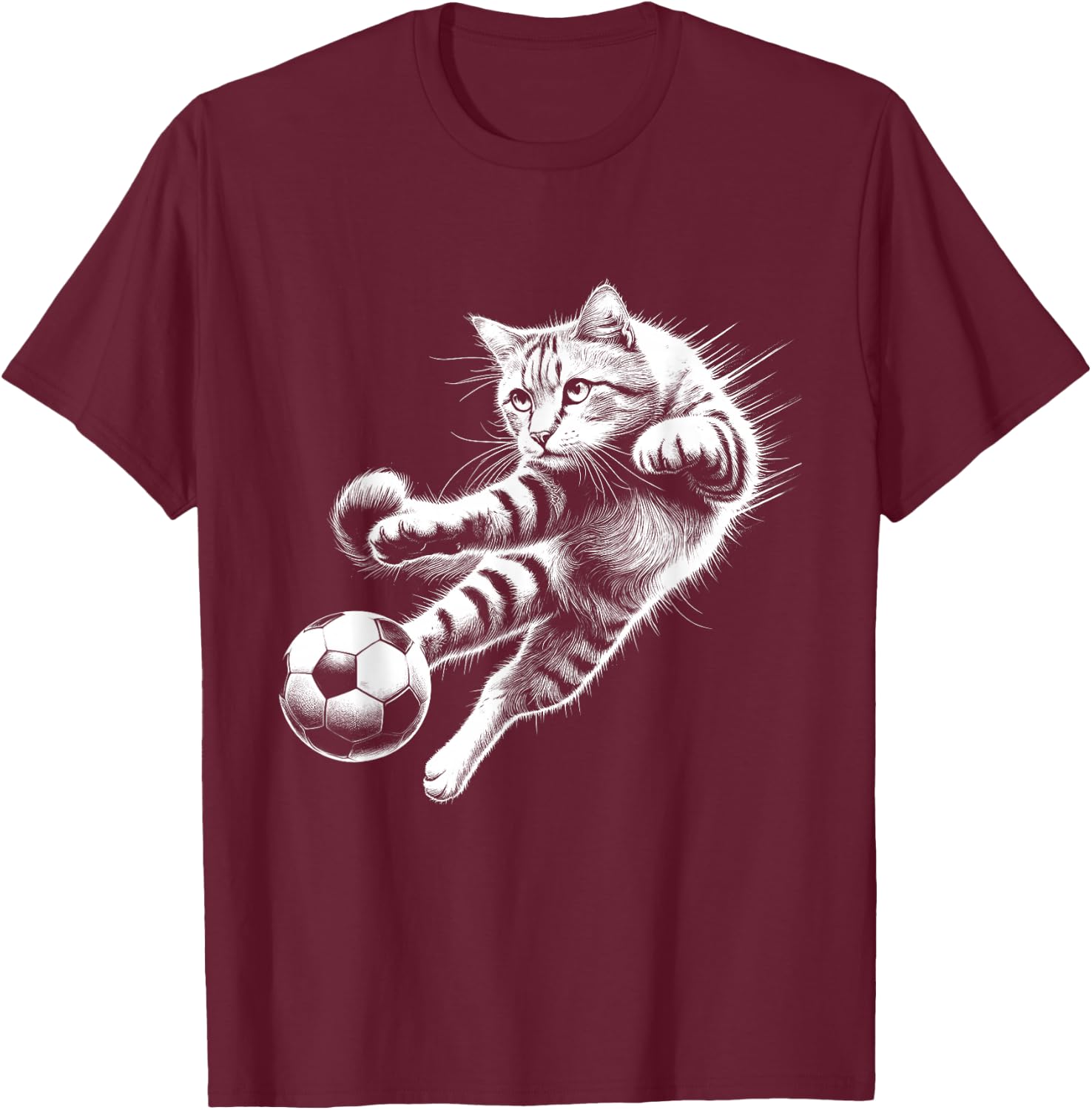 Sport Soccer Player Cat Kicking Soccer Ball Animal T-Shirt - T-Shirt | Maroon