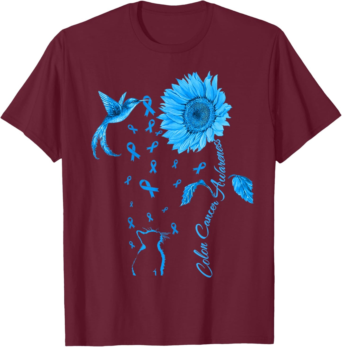 Colon Cancer Awareness Colorectal Blue Ribbon Sunflower T-Shirt - T-Shirt | Maroon