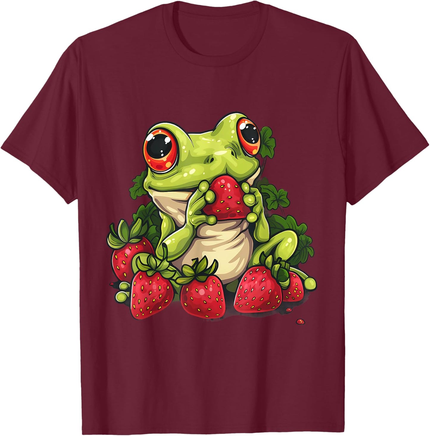 Strawberry Frog Strawberries Animal Print Wildlife Drawing T-Shirt - T-Shirt | Maroon