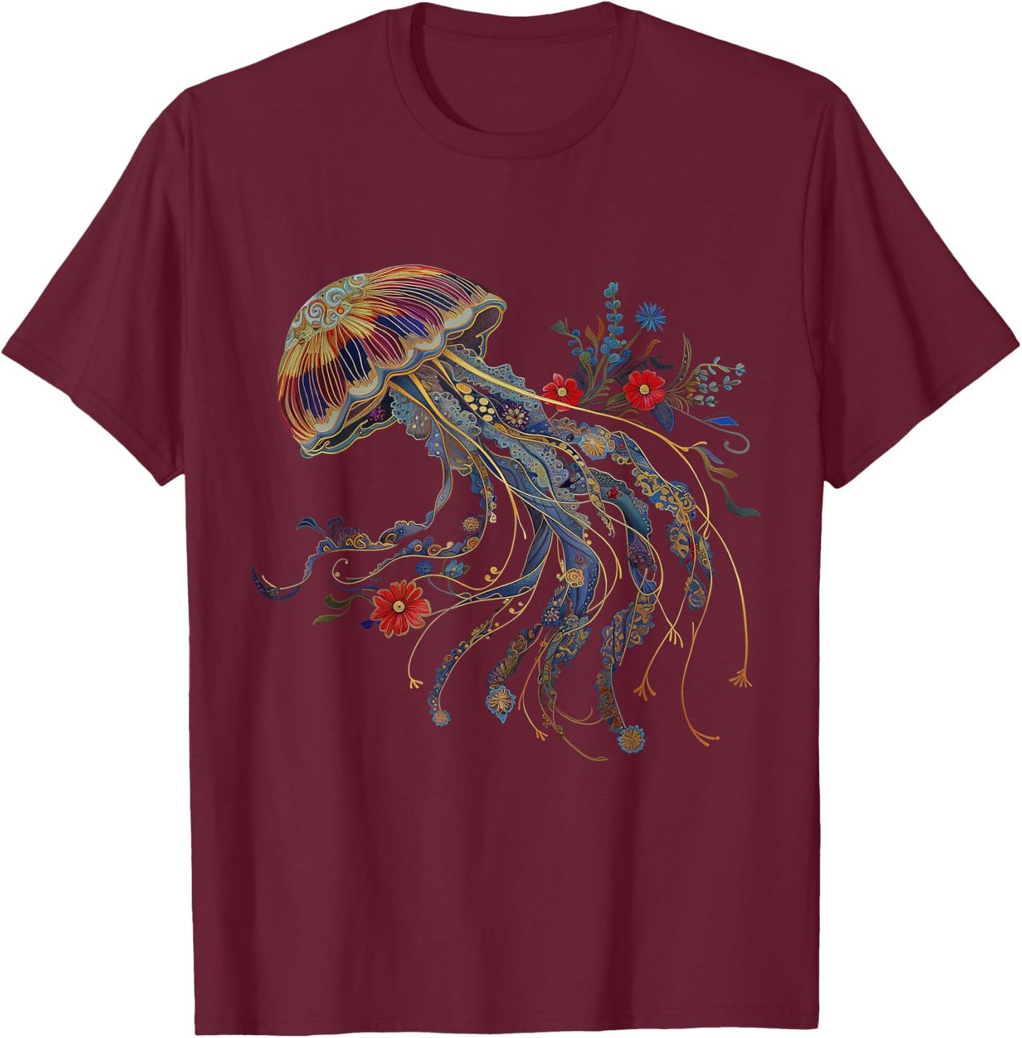Jellyfish Colorful Flower Patterns Scuba Diving Diver Ocean T-Shirt - T-Shirt | Maroon