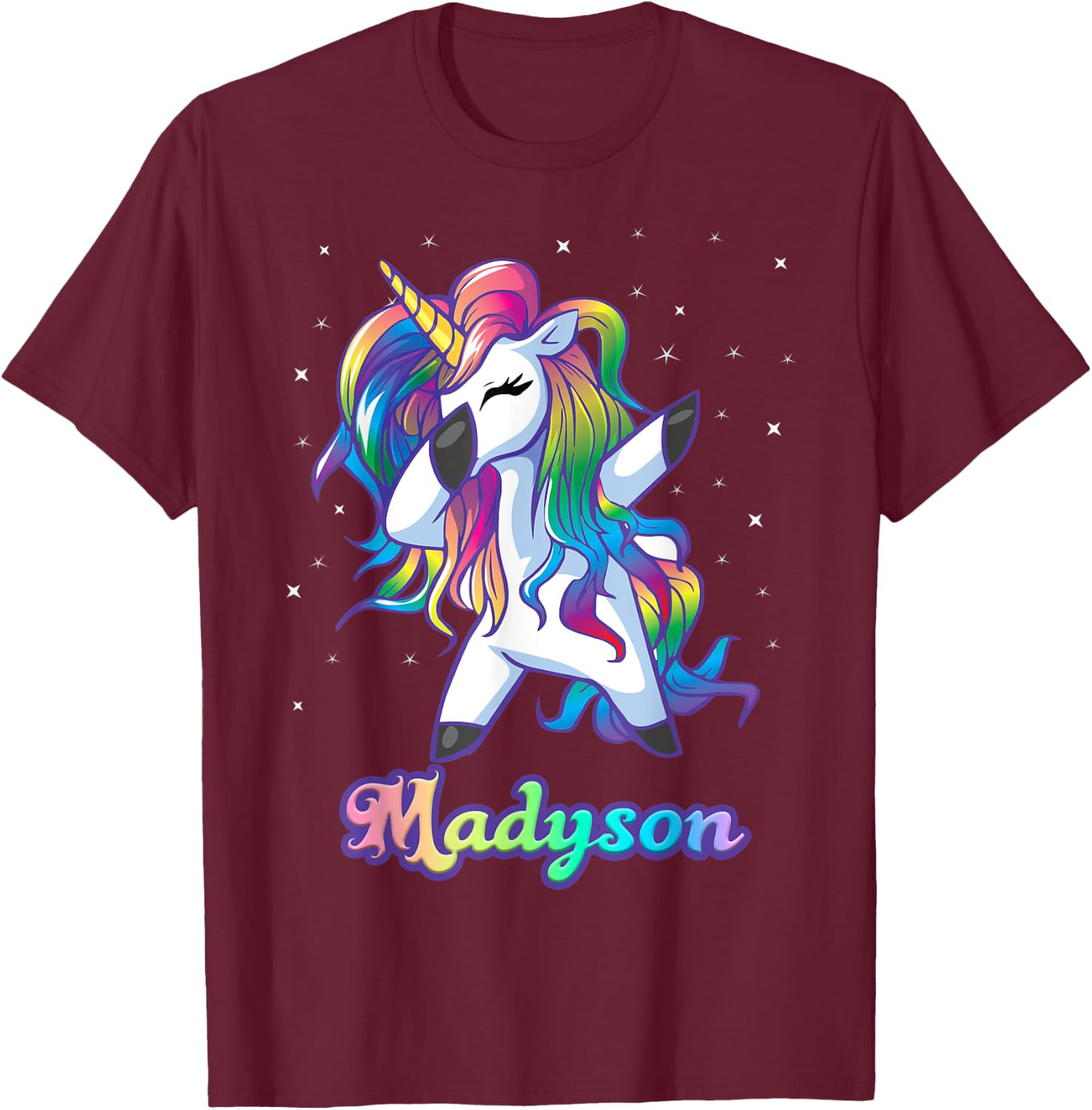 MADYSON Name Personalized Custom Rainbow Unicorn Dabbing T-Shirt - T-Shirt | Maroon