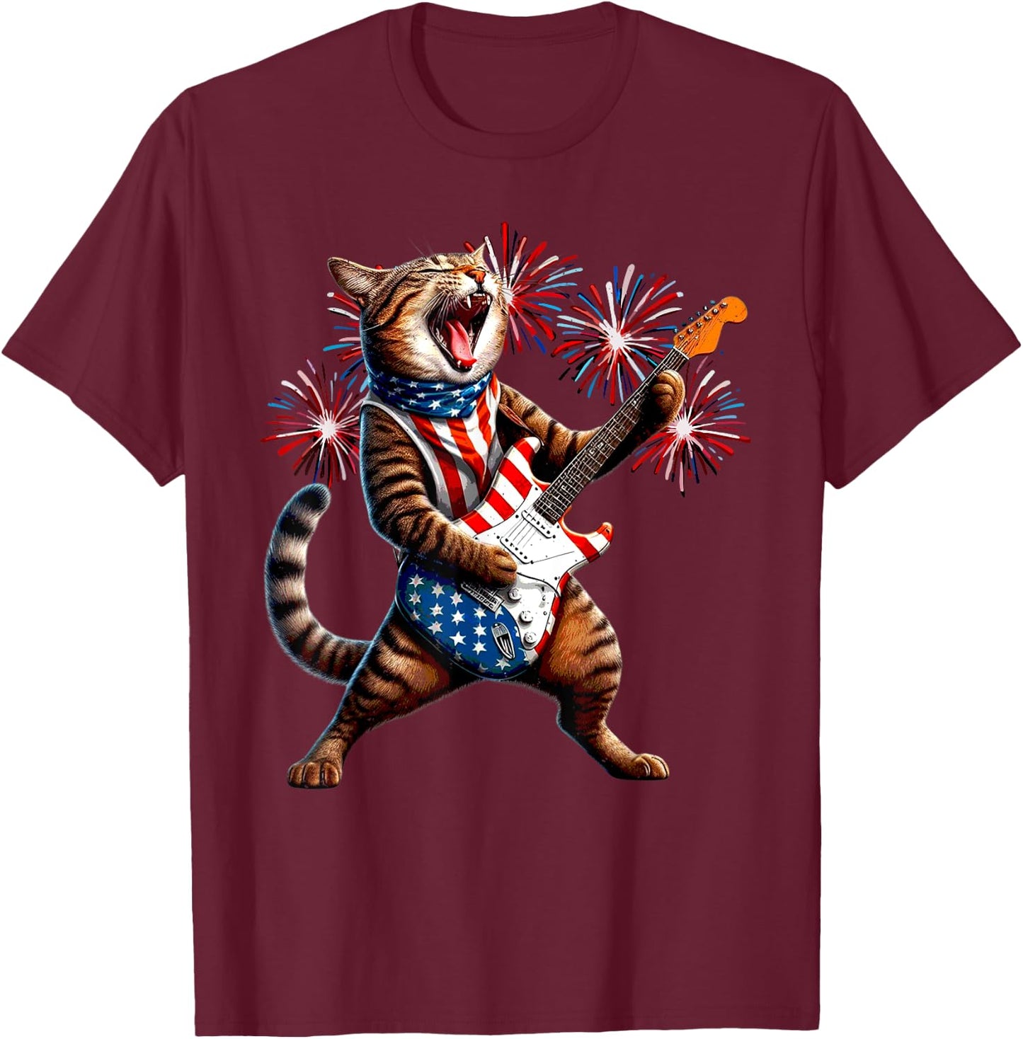 Cat Playing Guitar American Flag 4th Of July Patriotic Women Kids T-Shirt - T-Shirt | Maroon