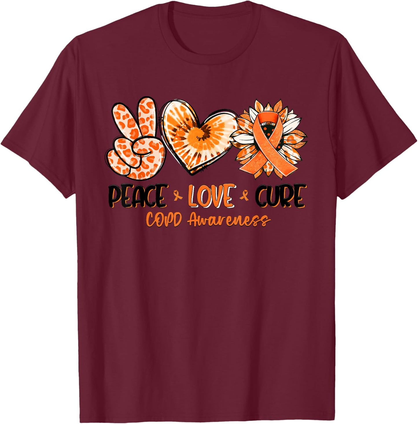 Peace Love Cure Sunflower Leopard COPD Awareness Gifts T-Shirt - T-Shirt | Maroon