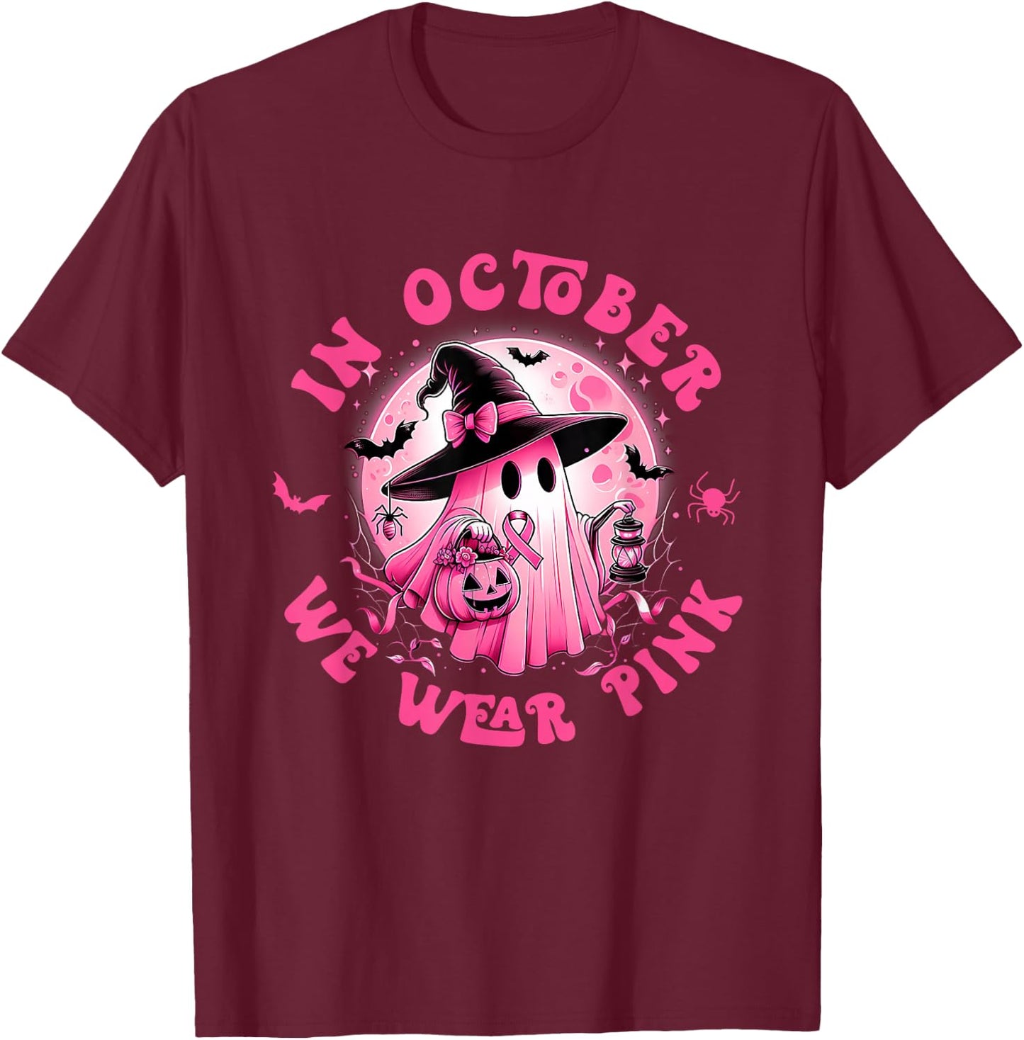 In October We Wear Pink Ghost Witch Breast Cancer Awareness T-Shirt - T-Shirt | Maroon