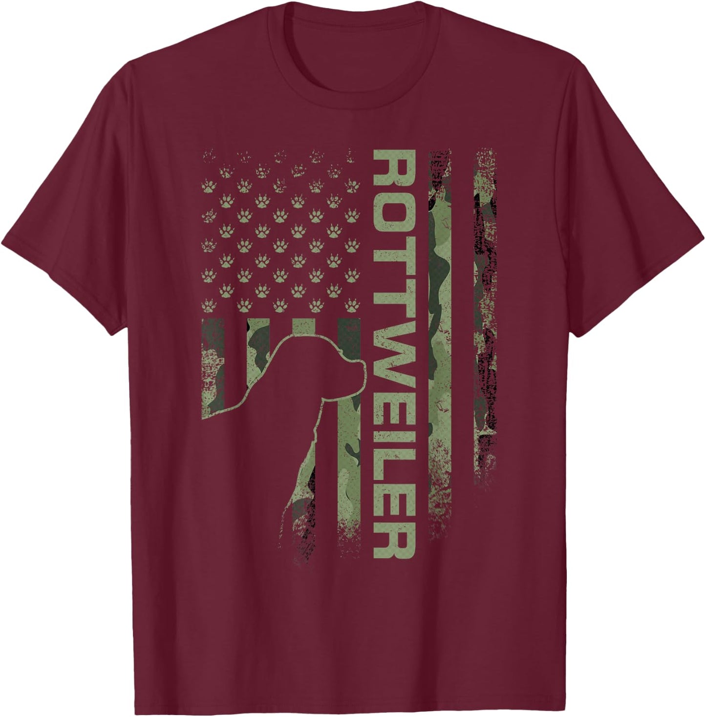 Vintage USA American Camo Flag Rottweiler Rottie Silhouette T-Shirt - T-Shirt | Maroon