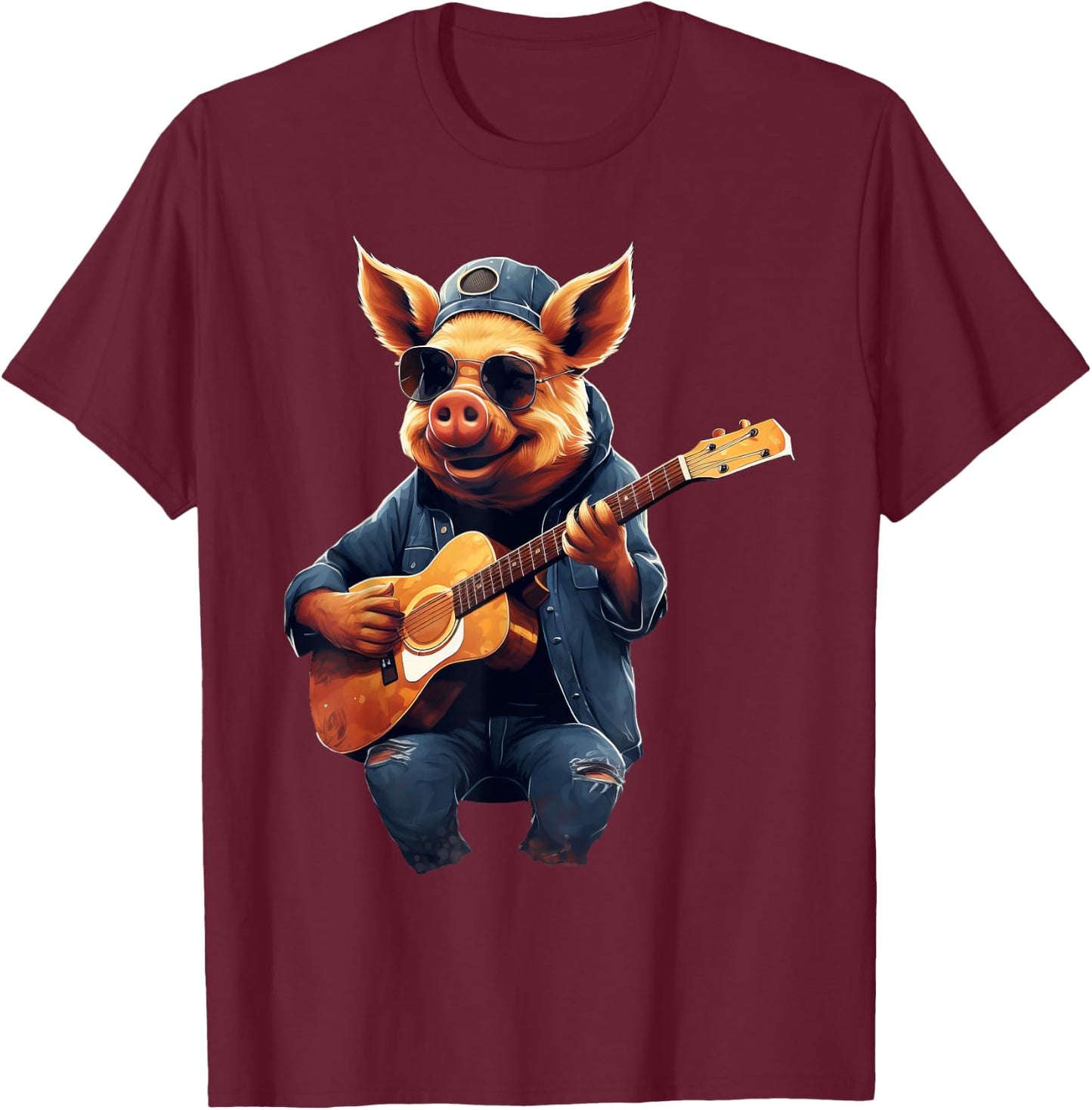 Cute Pig Playing Guitar Pigs Musician Music T-Shirt - T-Shirt | Maroon