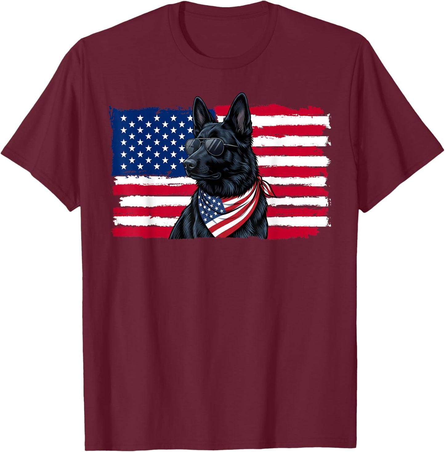 Black German Shepherd American Flag 4th July German Shepherd T-Shirt - T-Shirt | Maroon