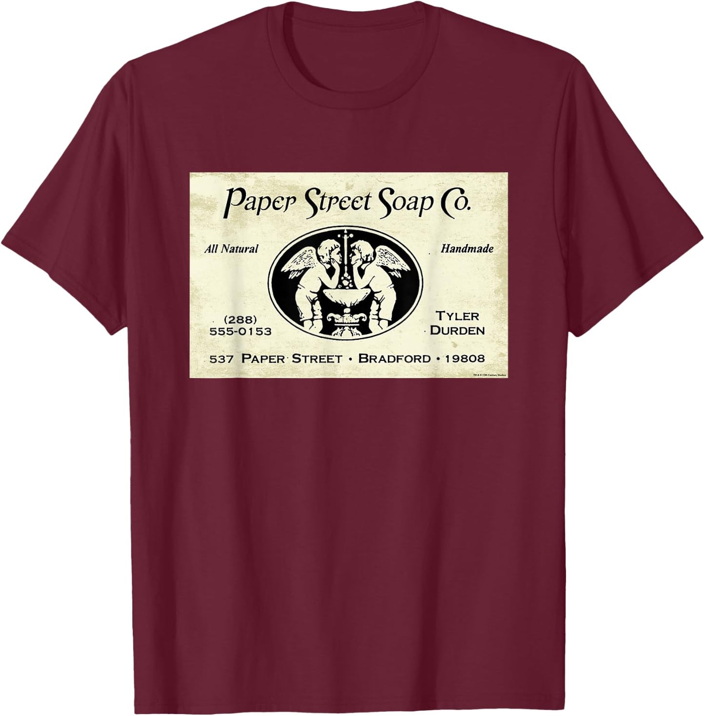 Fight Club Movie Official Paper Street Soap Co. Tyler Durden , Black, S T-Shirt - T-Shirt | Maroon